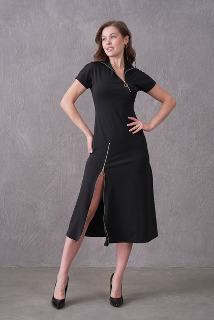 Modern Style Straight Cut Zipper Design Black Midi Length Dress 2175