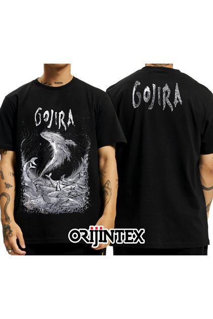 Gojira Wood Block Whales Front Back Printed Unisex Black Tshirt