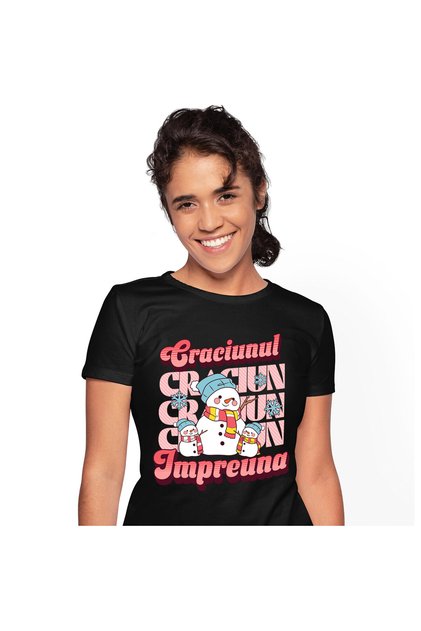 Tricou Femei cu Portret Familie Oameni De Zapada Veseli Colorati, Frig, Iarna, C,Black_S