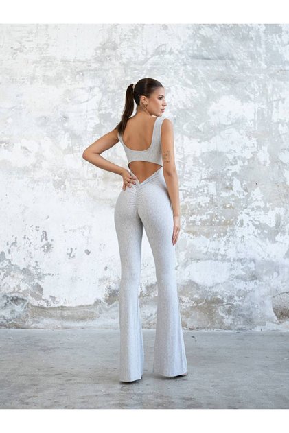 Gri Esinti Arkası Büzgülü ( Scrunch Butt ) İspanyol Paça Spor Tayt Tulum