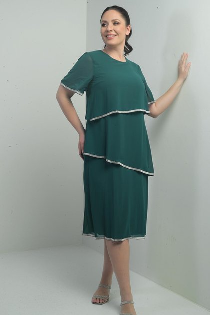 Women's Stone Detailed Lined Short Sleeve 3 Layers Chiffon Plus Size Dress
