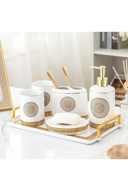 6-Piece Ceramic Bathroom Accessories Set, Including Soap Dispenser, Tray, Toothbrush Holder, Cups