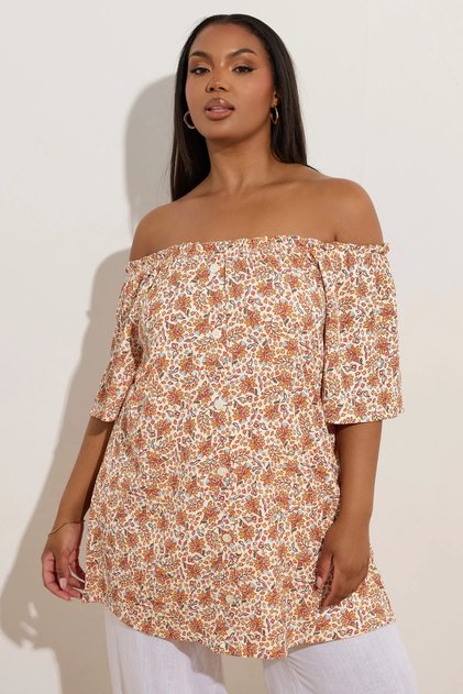 Plus Size Off Shoulder Short Sleeve Button Detail Print Blouse 322680