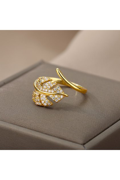 Resizable 1 Fashion Palm Leaf Shape Open Rings For Women Gold Color Zircon Adjustable Finger Ring Gi