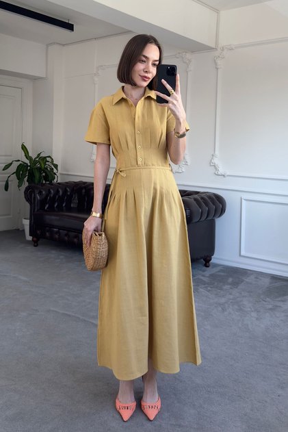 Rochie din in din seria specială Magarde, cu talie plisată - galben