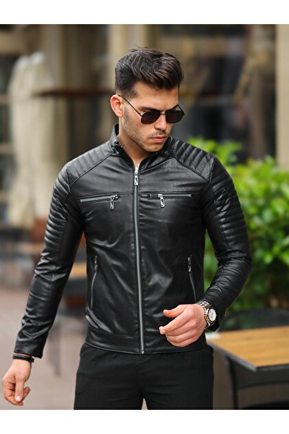 PRİFALDİ Black Slim Fit Leather Men's Jacket with Inner Pocket