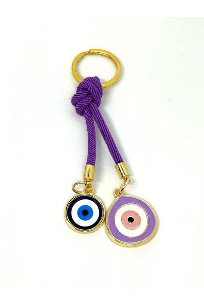 Purple Drawstring Stone Eye Metal Keychain, Drawstring Metal Evil Eye Beaded Keychain