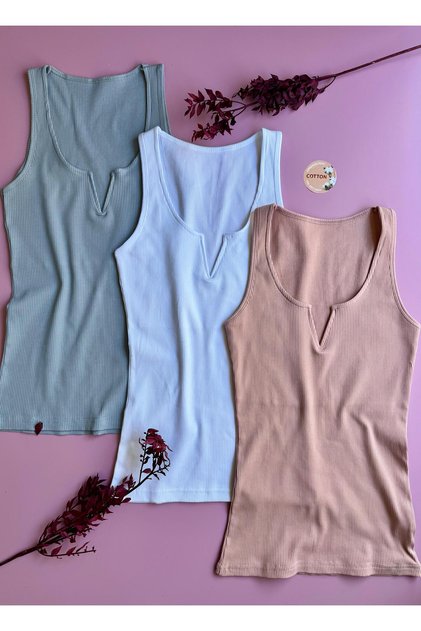 Luniva 3-Pack Rose K., White and Blue Women's Tank Top | V-Neck, Cotton, Summer Stylish Ribbed Blouse