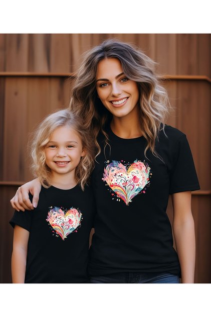 Colorful Heart Design Mother Daughter T-Shirt-Tshirt (Single Product, Add 2 Pieces to the Cart for Combination)