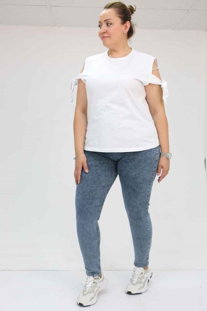9184-11 Large Size Elastic Waist Skinny Leg Long Jeans - Snow Wash Navy Blue