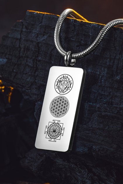 Chain Necklace for Women Men - Hz Seal of Solomon, Flower of Life, Sri Yantra Engraving, Stainless Steel