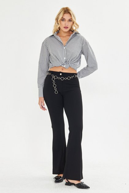 Black Flare Metal Ring Belted Fabric Trousers