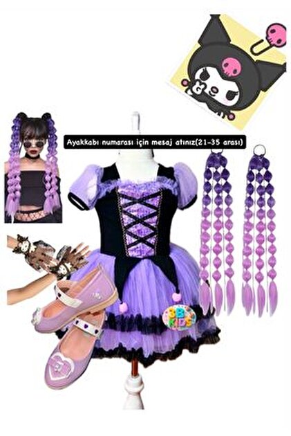 3b kids kuromi elbise kostüm kuromi bubble saç kuromi tül eldiven