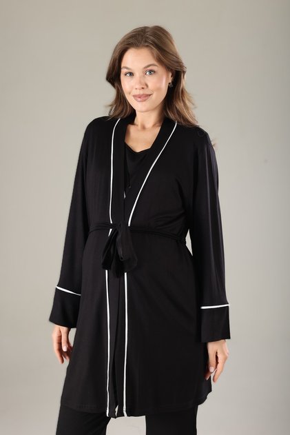 Kadın Siyah Ekru Biyeli Lohusa Hamile 3'Lü Pijama Takımı