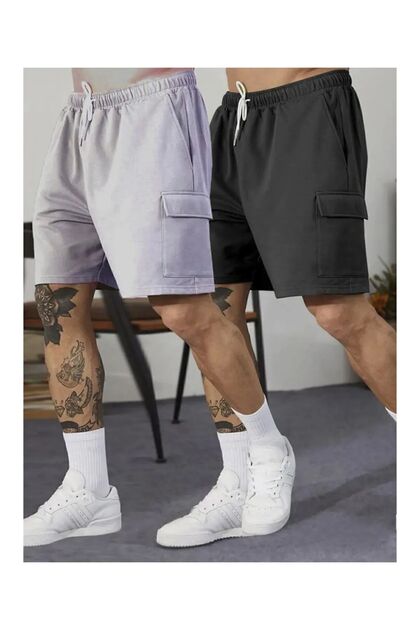 2 in 1 Summer Cotton Cargo Pocket Elastic Waist Sports Shorts
