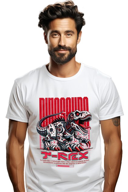 Tricou Barbati Dinozaur T-rex Robot In Actiune Cu Imprimeu Pe Fata, 100% Bumbac, Alb, Xsstg
