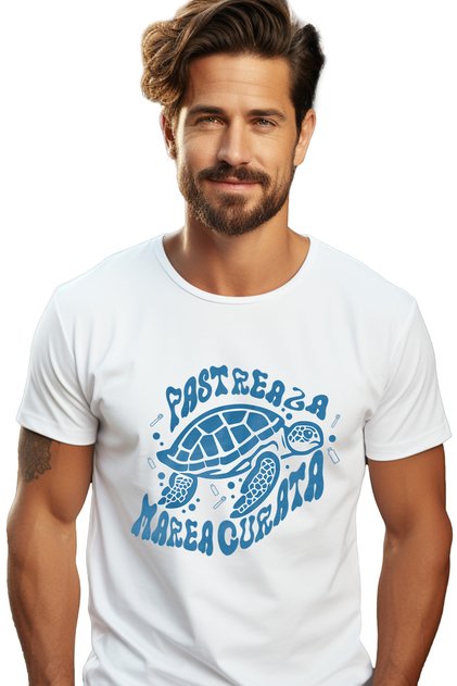 Tricou Barbati Pastreaza Marea Curata Poluare Broasca Testoasa Cu Imprimeu Pe Fata, 100% Bstg