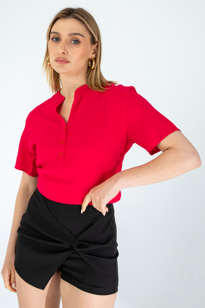 Women's Half Sleeve Viscose Half Placket Red Shirt