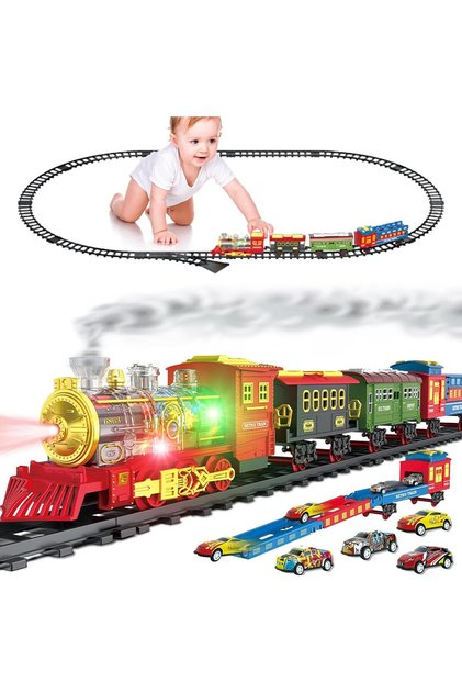 Tren electric cu fum real, efecte sonore, lumini, 3 vagoane