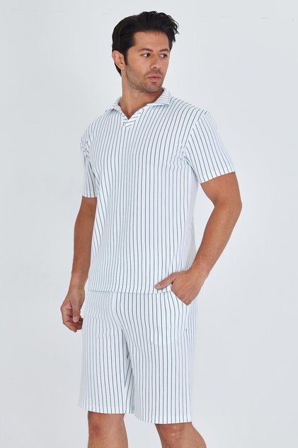 Men's Collared Striped Polycotton T-Shirt Shorts Double Set Petrol 5733-P