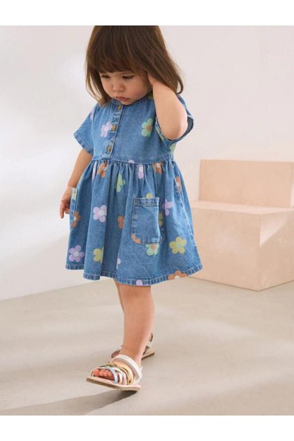Girl Child Colorful Flower Printed Jeans Blue Denim Button Dress Stylish Tooling