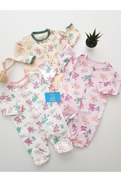 Teddy Bear Patterned Long Sleeve Snap Fastener 3-Piece Baby Romper Set | 100% Cotton | Newborn Daily Clothing