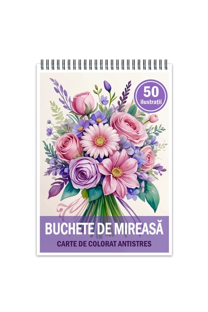 Carte de colorat antistres, 50 de ilustrații cu buchete de mireasă, 106 pagini, Format: A5