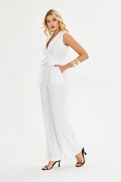 White Striped Belted V-Neck Fabric Jumpsuit