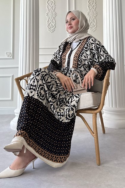Patterned Buttoned Loose Black Viscose Dress