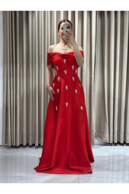 red dress with stones High Neck Embellished Red Dress S