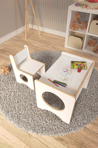 Montessori Çocuk Oyun & Aktivite & Çalışma Masa ve Sandalyesi - Beyaz