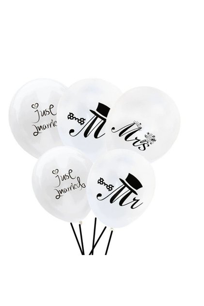 Set de 10 baloane din latex model petrecere nuntă, Mr&Mrs Just Married, 2,8 g, 30 cm, alb/negru