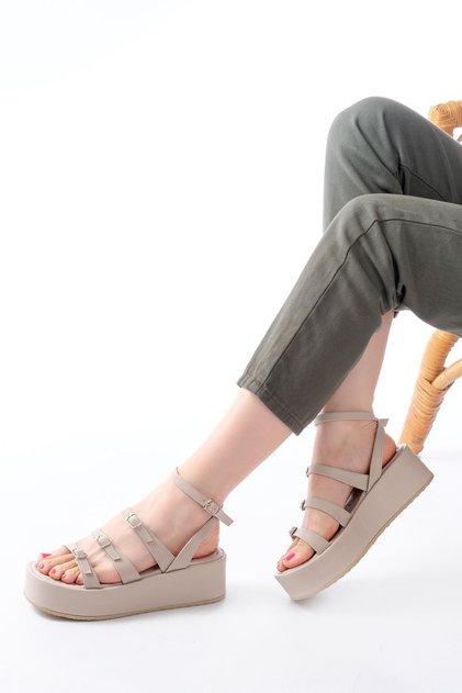 861-1222 Beige Buckle Ankle Strap Wedge Women's Sandals