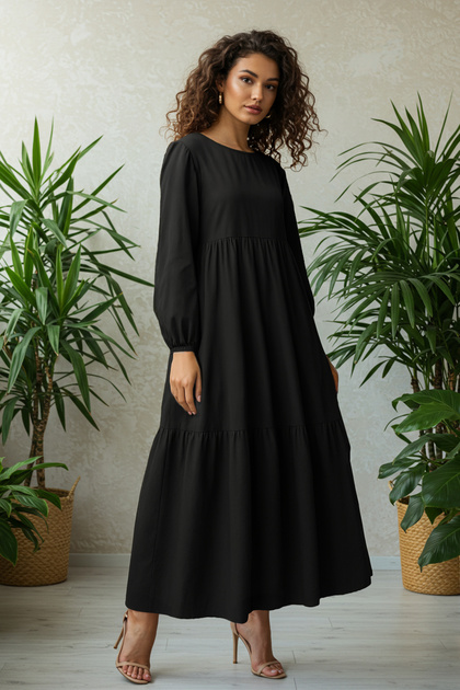 Schwarzes, gerafftes, gewebtes Kleid aus Baumwolle mit weitem Schnitt TCTSS21EL3406