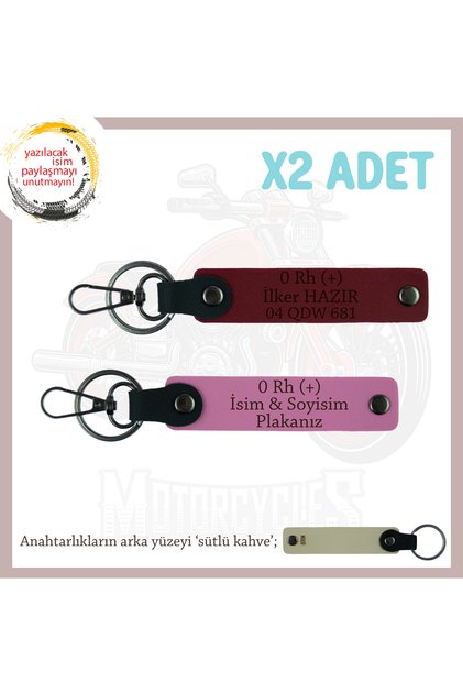 Leather X2 Keychain, Pink-Burgundy-Sk, Meaningful Gift with Nameplate for Motorcuya and 0 Rh (+) Blood Group