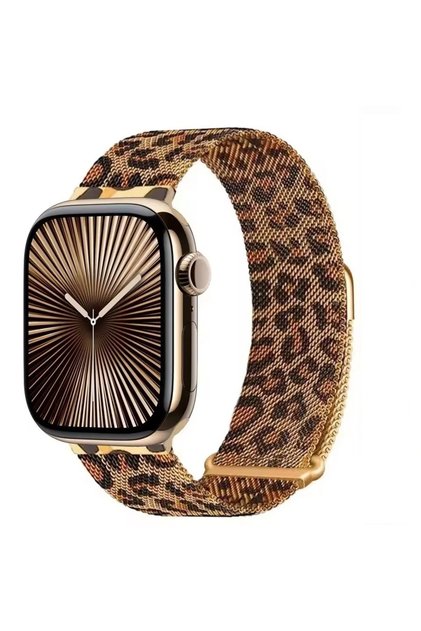 Apple Watch Seri 10-11 42mm & Seri 4/5/6/7/8/9 Se 38 40 41mm Uyumlu Leopar Desenli Metal Kordon