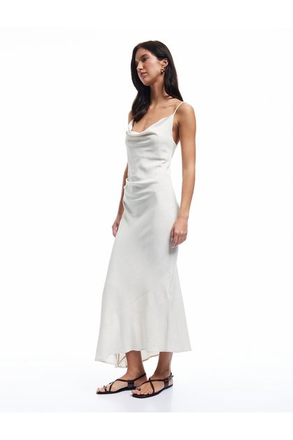 Linen Blended Draped Detailed Strap Long Degaje Collar Dress