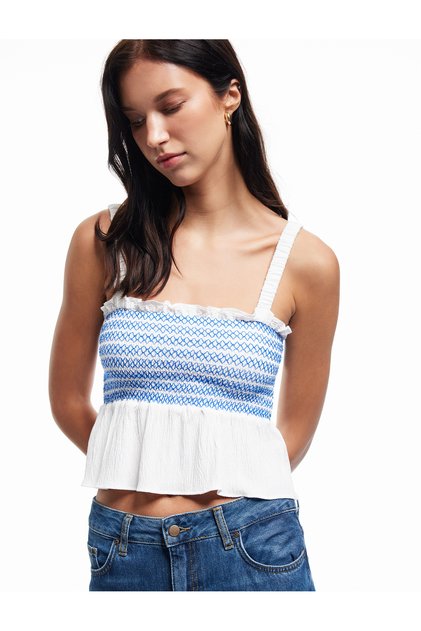 Gimped Embroidered Scallop Detailed Square Neck Strappy Crop Blouse
