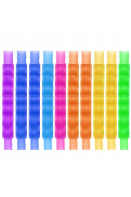 Jucarie senzoriala antistres, Pop Tube Fidget, 10 bucati, multicolor, 16.5-51.5 x 2 cm