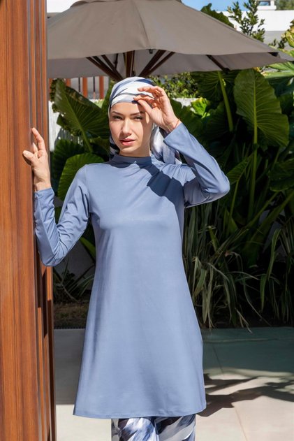 Fully Covered Patterned Hijab Swimsuit with Loose Pants - 2533
