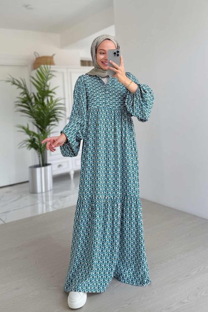Geometric Patterned Belted Hijab Dress - Blue