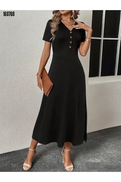 Women Short Sleeve Dress V Neck Front Button Slit