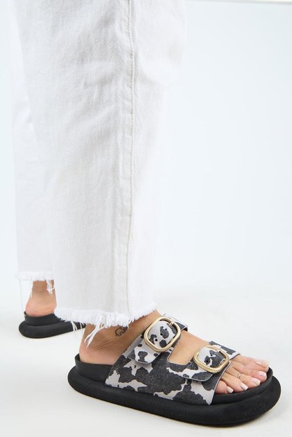Nagual Lavanda Women's Genuine Leather Double Buckle Black Spotted Slippers
