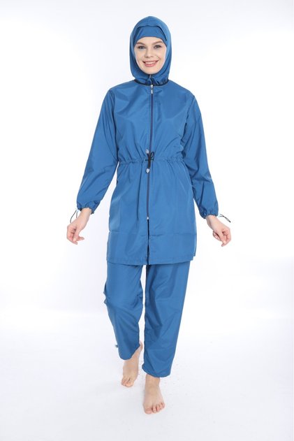 Large Size 4 Piece Hijab Swimsuit with Tie Detail, Zippered Suit