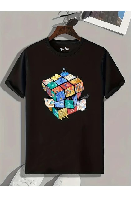 Qubo Unisex Oversize Printed Cotton Crew Neck Short Sleeve Black T-Shirt
