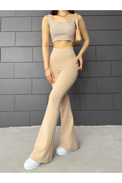 Pantaloni de damă din Lycra elastică cu talie înaltă, care nu arată crepon, de culoare bej, cu picioare spaniole