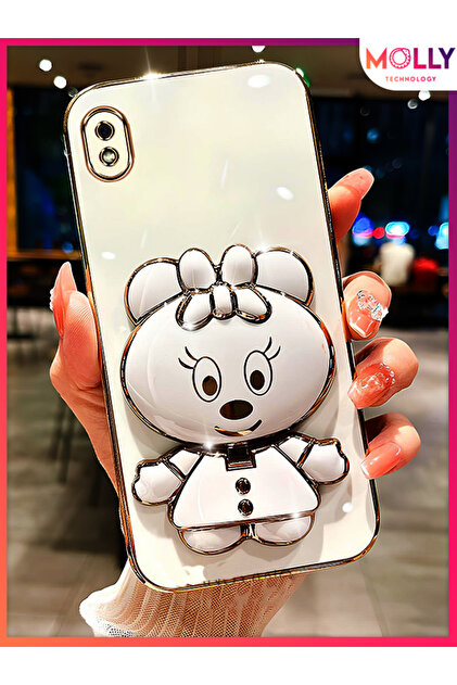 Luxury Silicone Case for Samsung Galaxy A10 with Pearl White Minnie Stand and Gold Detail on the Edges