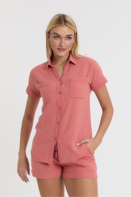 Women's Shirt - Short Sleeve Shirt with Muslin Collar - 1140