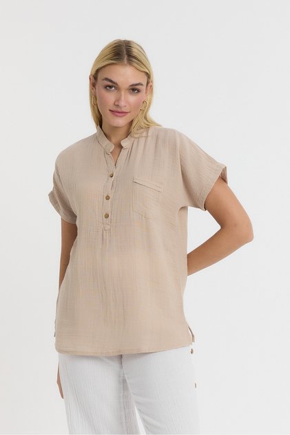 Women's Short Sleeve Blouse - Muslin Judge Collar Blouse - 1130