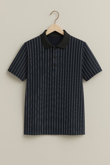 Men's Navy Blue Polo Neck Vertical Line Patterned Buttoned Collar Combed Cotton Comfortable T-Shirt
